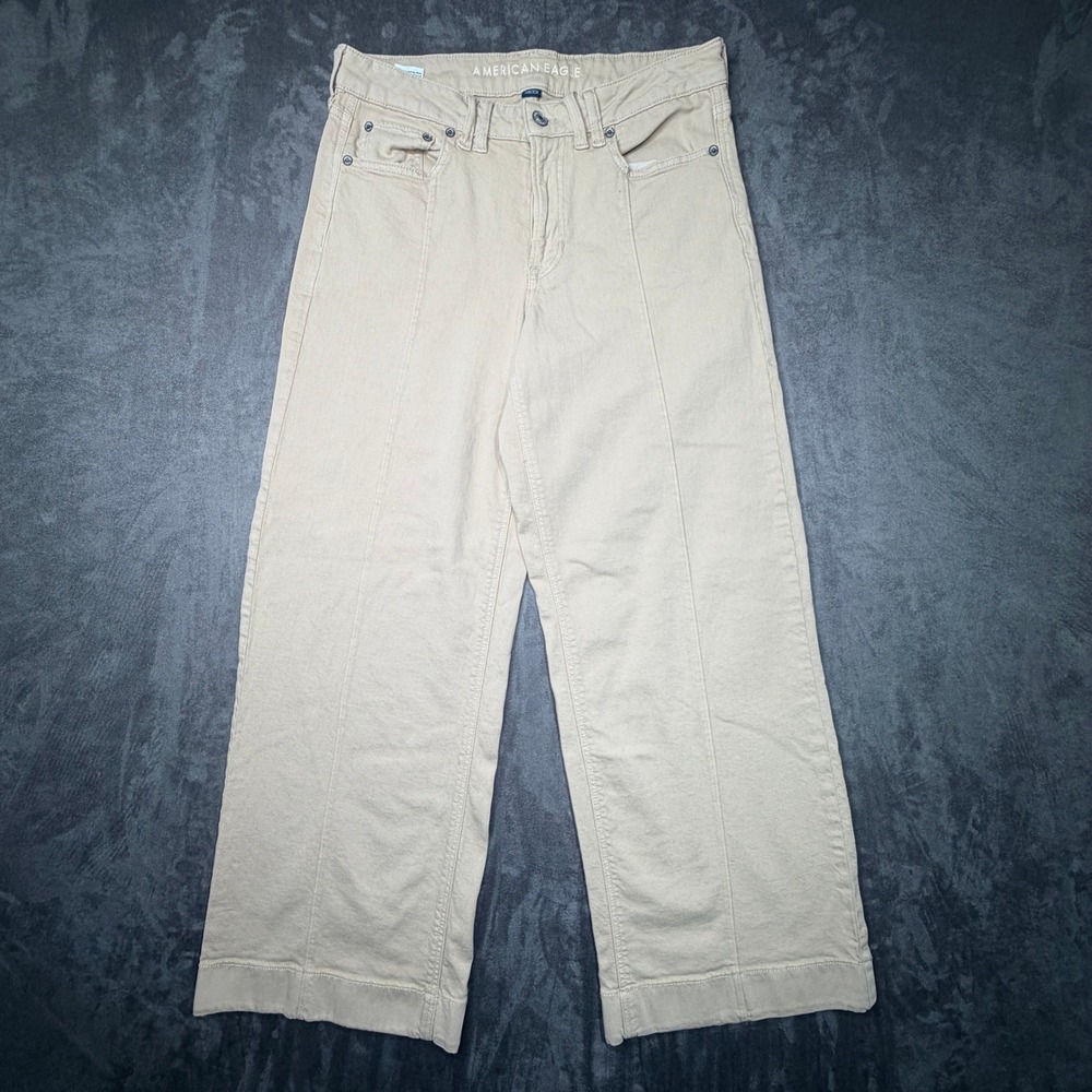 American Eagle Women Khaki Tan Wide Leg Seamed‎ Front Stretch Jeans Size 8 10